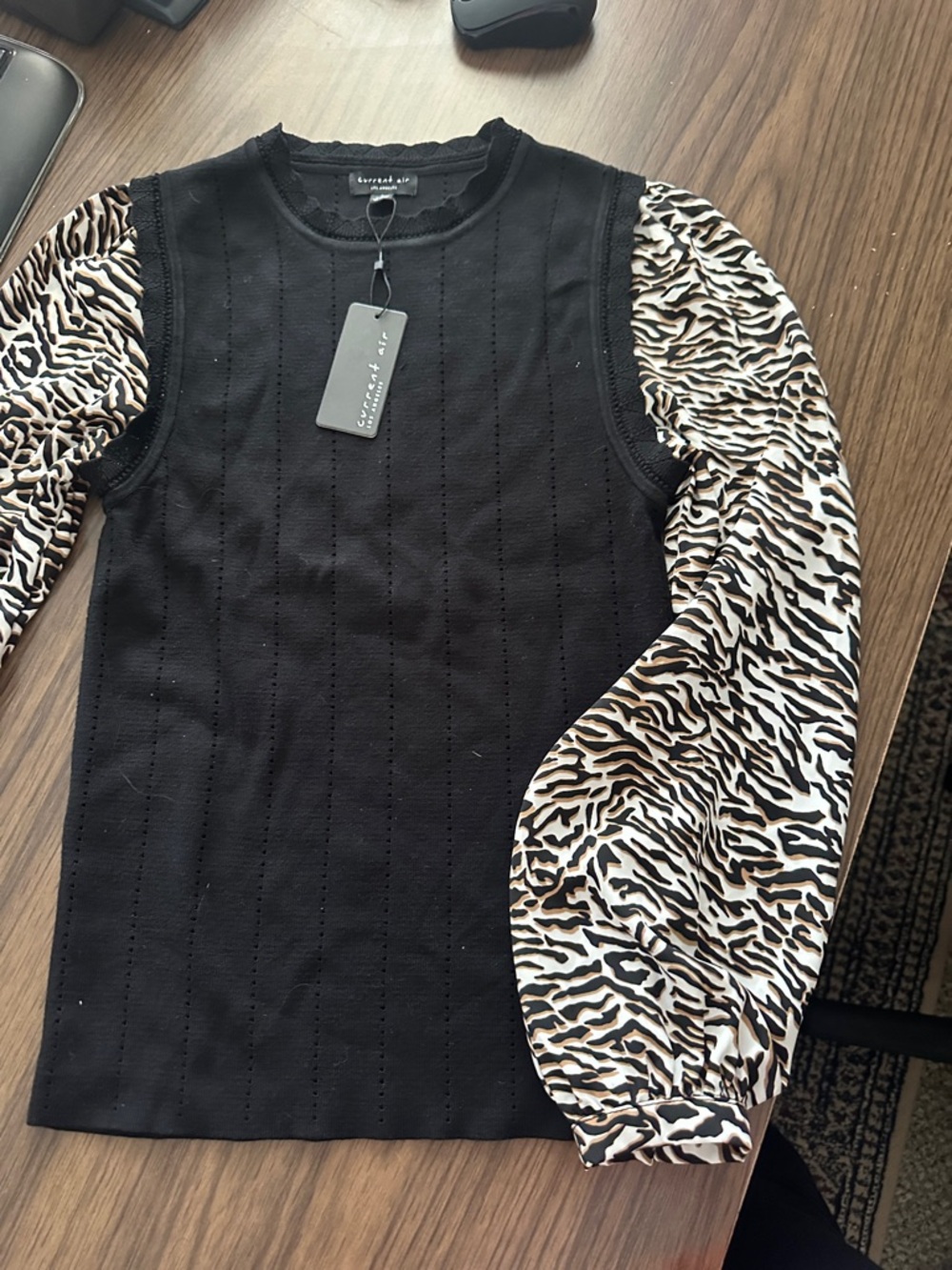 Current Air Black Knit Top with Zebra-Print Puff Sleeves